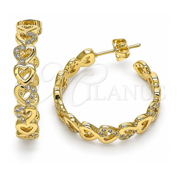 Oro Laminado Stud Earring, Gold Filled Style Heart Design, with White Micro Pave, Polished, Golden Finish, 02.341.0100