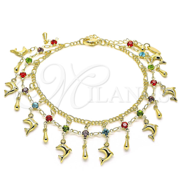 Oro Laminado Charm Anklet , Gold Filled Style Dolphin and Teardrop Design, with Multicolor Crystal, Polished, Golden Finish, 03.383.0005.10 (02 MM Thickness, 10 Inches Length)