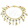Oro Laminado Charm Anklet , Gold Filled Style Dolphin and Teardrop Design, with Multicolor Crystal, Polished, Golden Finish, 03.383.0005.10 (02 MM Thickness, 10 Inches Length)