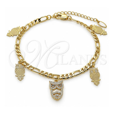 Oro Laminado Charm Anklet , Gold Filled Style Owl Design, with White and Sapphire Blue Micro Pave, Polished, Golden Finish, 03.383.0009.10 (04 MM Thickness, 10 Inches Length)
