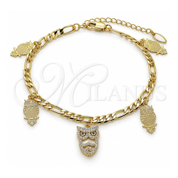 Oro Laminado Charm Anklet , Gold Filled Style Owl Design, with White and Sapphire Blue Micro Pave, Polished, Golden Finish, 03.383.0009.10 (04 MM Thickness, 10 Inches Length)