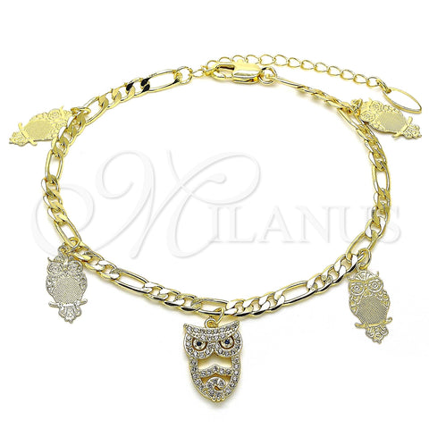 Oro Laminado Charm Anklet , Gold Filled Style Owl Design, with White and Sapphire Blue Micro Pave, Polished, Golden Finish, 03.383.0009.10 (04 MM Thickness, 10 Inches Length)