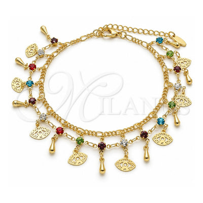 Oro Laminado Charm Anklet , Gold Filled Style Evil Eye and Teardrop Design, with Multicolor Crystal, Polished, Golden Finish, 03.383.0018.10 (03 MM Thickness, 10 Inches Length)