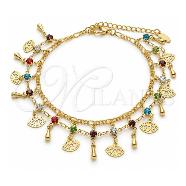 Oro Laminado Charm Anklet , Gold Filled Style Evil Eye and Teardrop Design, with Multicolor Crystal, Polished, Golden Finish, 03.383.0018.10 (03 MM Thickness, 10 Inches Length)