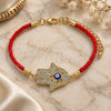 Oro Laminado Fancy Bracelet, Gold Filled Style Judaica and Hand of God Design, with White Micro Pave, Blue Enamel Finish, Golden Finish, 03.341.0062.1.07 (02 MM Thickness, 7 Inches Length)