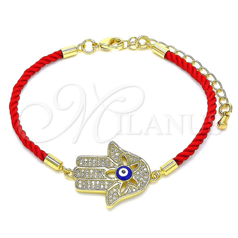 Oro Laminado Fancy Bracelet, Gold Filled Style Hand of God Design, with White Micro Pave, Blue Enamel Finish, Golden Finish, 03.341.0062.1.07 (02 MM Thickness, 7 Inches Length)