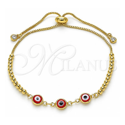 Oro Laminado Adjustable Bolo Bracelet, Gold Filled Style Evil Eye and Ball Design, with White Cubic Zirconia, Red Resin Finish, Golden Finish, 03.63.2216.11 (01 MM Thickness, 11 Inches Length)