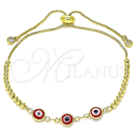 Oro Laminado Adjustable Bolo Bracelet, Gold Filled Style Evil Eye and Ball Design, with White Cubic Zirconia, Red Resin Finish, Golden Finish, 03.63.2216.11 (01 MM Thickness, 11 Inches Length)