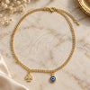 Oro Laminado Charm Anklet , Gold Filled Style Evil Eye and Four-leaf Clover Design, Polished, Golden Finish, 03.02.0056.10 (02 MM Thickness, 10 Inches Length)