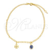 Oro Laminado Charm Anklet , Gold Filled Style Evil Eye and Four-leaf Clover Design, Polished, Golden Finish, 03.02.0056.10 (02 MM Thickness, 10 Inches Length)