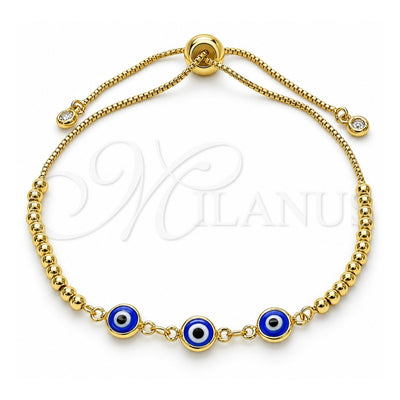 Oro Laminado Adjustable Bolo Bracelet, Gold Filled Style Evil Eye and Ball Design, with White Cubic Zirconia, Blue Resin Finish, Golden Finish, 03.63.2216.1.11 (01 MM Thickness, 11 Inches Length)