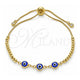 Oro Laminado Adjustable Bolo Bracelet, Gold Filled Style Evil Eye and Ball Design, with White Cubic Zirconia, Blue Resin Finish, Golden Finish, 03.63.2216.1.11 (01 MM Thickness, 11 Inches Length)