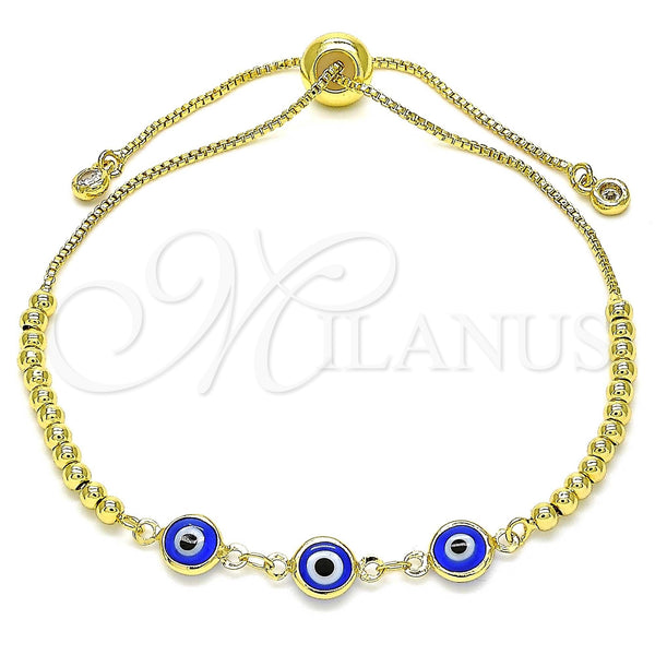 Oro Laminado Adjustable Bolo Bracelet, Gold Filled Style Evil Eye and Ball Design, with White Cubic Zirconia, Blue Resin Finish, Golden Finish, 03.63.2216.1.11 (01 MM Thickness, 11 Inches Length)