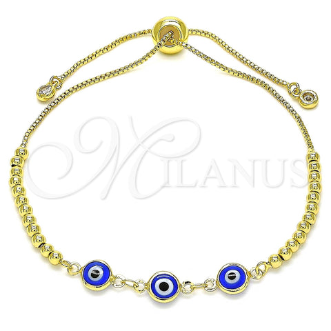 Oro Laminado Adjustable Bolo Bracelet, Gold Filled Style Evil Eye and Ball Design, with White Cubic Zirconia, Blue Resin Finish, Golden Finish, 03.63.2216.1.11 (01 MM Thickness, 11 Inches Length)