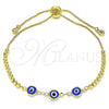 Oro Laminado Adjustable Bolo Bracelet, Gold Filled Style Evil Eye and Ball Design, with White Cubic Zirconia, Blue Resin Finish, Golden Finish, 03.63.2216.1.11 (01 MM Thickness, 11 Inches Length)