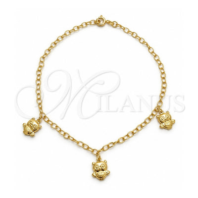 Oro Laminado Charm Anklet , Gold Filled Style Owl and Figaro Design, Polished, Golden Finish, 03.02.0058.10 (02 MM Thickness, 10 Inches Length)