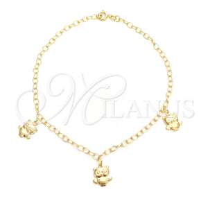 Gold Filled Anklet — Charm Anklet Owl and Figaro Design Polished 03.02. — main product view — SKU 142097 | Oro Laminado tobillera — Charm Anklet Owl and Figaro diseño pulido 03.02. — SKU 142097