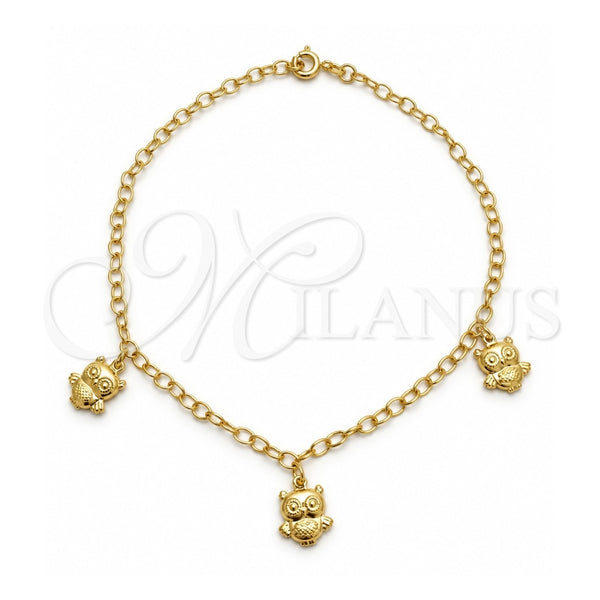 Oro Laminado Charm Anklet , Gold Filled Style Owl and Figaro Design, Polished, Golden Finish, 03.02.0058.10 (02 MM Thickness, 10 Inches Length)