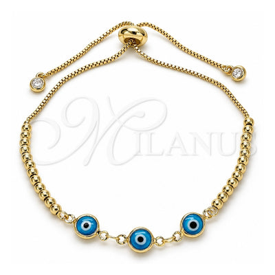 Oro Laminado Adjustable Bolo Bracelet, Gold Filled Style Evil Eye and Ball Design, with White Cubic Zirconia, Turquoise Resin Finish, Golden Finish, 03.63.2216.2.11 (01 MM Thickness, 11 Inches Length)
