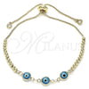 Oro Laminado Adjustable Bolo Bracelet, Gold Filled Style Evil Eye and Ball Design, with White Cubic Zirconia, Turquoise Resin Finish, Golden Finish, 03.63.2216.2.11 (01 MM Thickness, 11 Inches Length)