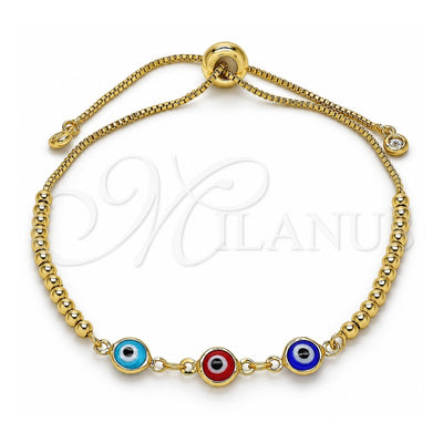 Oro Laminado Adjustable Bolo Bracelet, Gold Filled Style Evil Eye and Ball Design, with White Cubic Zirconia, Multicolor Resin Finish, Golden Finish, 03.63.2216.3.11 (01 MM Thickness, 11 Inches Length)