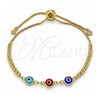 Oro Laminado Adjustable Bolo Bracelet, Gold Filled Style Evil Eye and Ball Design, with White Cubic Zirconia, Multicolor Resin Finish, Golden Finish, 03.63.2216.3.11 (01 MM Thickness, 11 Inches Length)