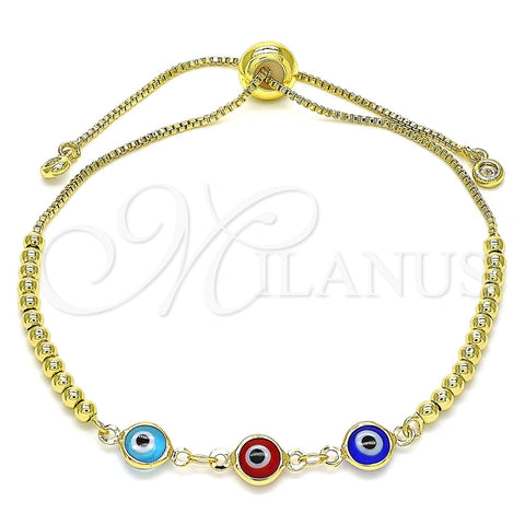 Oro Laminado Adjustable Bolo Bracelet, Gold Filled Style Evil Eye and Ball Design, with White Cubic Zirconia, Multicolor Resin Finish, Golden Finish, 03.63.2216.3.11 (01 MM Thickness, 11 Inches Length)