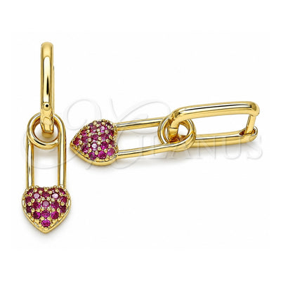 Oro Laminado Huggie Hoop, Gold Filled Style Paperclip and Heart Design, with Ruby Cubic Zirconia, Polished, Golden Finish, 02.210.0488.1.12