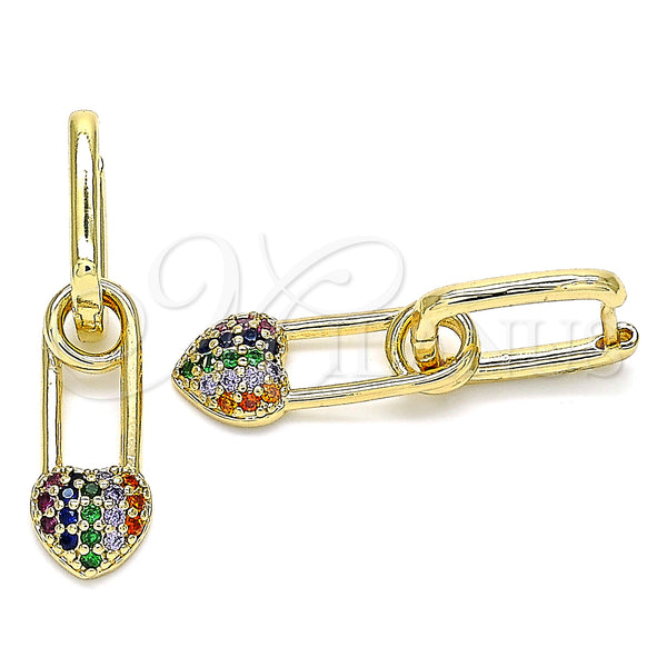Gold Filled Hoop Earrings — Huggie Hoop Paperclip and Heart Design with Multicolor — main product view — SKU 142140 | Oro Laminado aretes de aro — Huggie Hoop Paperclip and corazón diseño with Multicolor — SKU 142140
