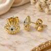 Oro Laminado Stud Earring, Gold Filled Style Evil Eye Design, with Sapphire Blue and White Micro Pave, Polished, Golden Finish, 02.156.0542