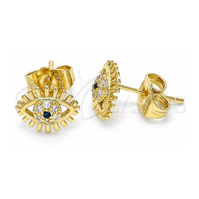 Oro Laminado Stud Earring, Gold Filled Style Evil Eye Design, with Sapphire Blue and White Micro Pave, Polished, Golden Finish, 02.156.0542