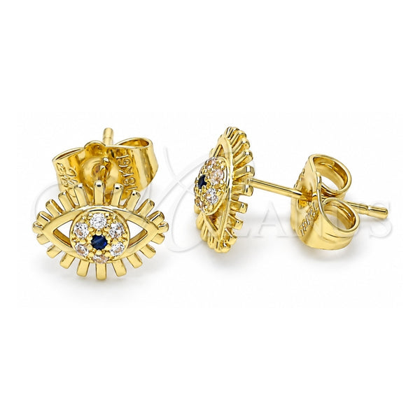 Oro Laminado Stud Earring, Gold Filled Style Evil Eye Design, with Sapphire Blue and White Micro Pave, Polished, Golden Finish, 02.156.0542