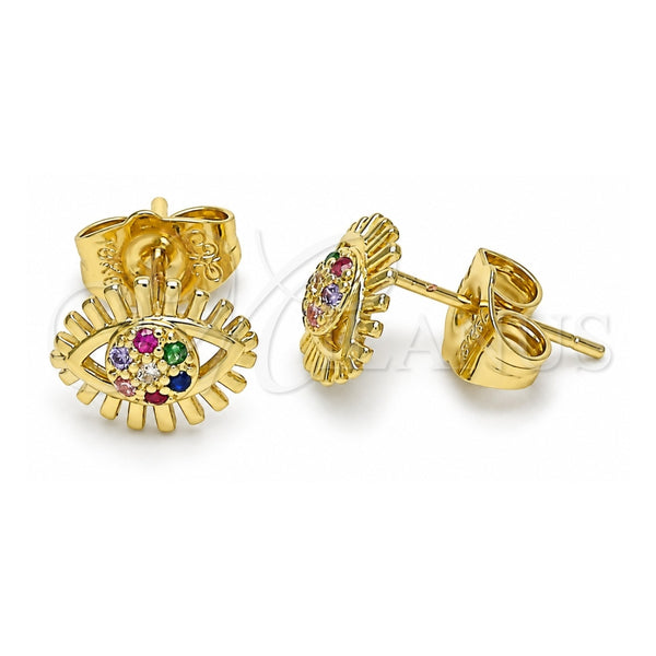 Oro Laminado Stud Earring, Gold Filled Style Evil Eye Design, with Multicolor Micro Pave, Polished, Golden Finish, 02.156.0542.1