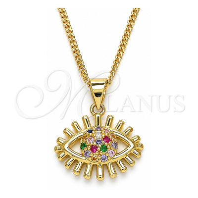Oro Laminado Pendant Necklace, Gold Filled Style Evil Eye Design, with Multicolor Micro Pave, Polished, Golden Finish, 04.156.0390.1.20 (02 MM Thickness, 20 Inches Length)