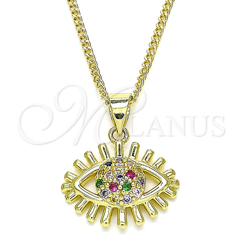 Oro Laminado Pendant Necklace, Gold Filled Style Evil Eye Design, with Multicolor Micro Pave, Polished, Golden Finish, 04.156.0390.1.20 (02 MM Thickness, 20 Inches Length)