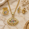 Oro Laminado Earring and Pendant Adult Set, Gold Filled Style Evil Eye Design, with Multicolor Micro Pave, Polished, Golden Finish, 10.156.0336.1
