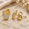 Oro Laminado Stud Earring, Gold Filled Style Pineapple Design, with White Micro Pave, Polished, Golden Finish, 02.156.0543