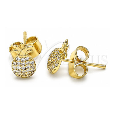 Oro Laminado Stud Earring, Gold Filled Style Pineapple Design, with White Micro Pave, Polished, Golden Finish, 02.156.0543