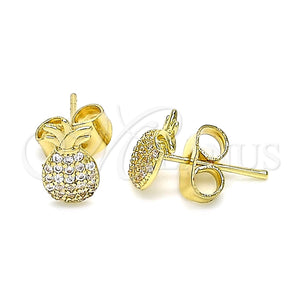 Oro Laminado Stud Earring, Gold Filled Style Pineapple Design, with White Micro Pave, Polished, Golden Finish, 02.156.0543
