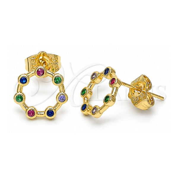 Oro Laminado Stud Earring, Gold Filled Style with Multicolor Micro Pave, Polished, Golden Finish, 02.156.0544.1