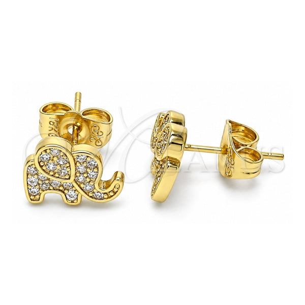 Oro Laminado Stud Earring, Gold Filled Style Elephant Design, with White Micro Pave, Polished, Golden Finish, 02.156.0545