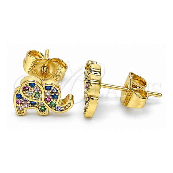 Oro Laminado Stud Earring, Gold Filled Style Elephant Design, with Multicolor Micro Pave, Polished, Golden Finish, 02.156.0545.1