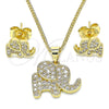 Oro Laminado Earring and Pendant Adult Set, Gold Filled Style Elephant Design, with White Micro Pave, Polished, Golden Finish, 10.156.0339