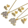 Oro Laminado Earring and Pendant Adult Set, Gold Filled Style Elephant Design, with White Micro Pave, Polished, Golden Finish, 10.156.0339