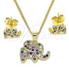 Oro Laminado Earring and Pendant Adult Set, Gold Filled Style Elephant Design, with Multicolor Micro Pave, Polished, Golden Finish, 10.156.0339.1