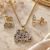 Oro Laminado Earring and Pendant Adult Set, Gold Filled Style Elephant Design, with Multicolor Micro Pave, Polished, Golden Finish, 10.156.0339.1