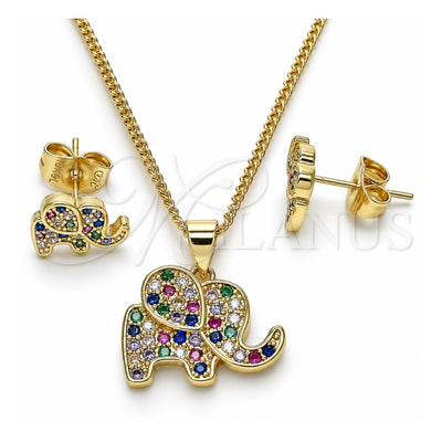 Oro Laminado Earring and Pendant Adult Set, Gold Filled Style Elephant Design, with Multicolor Micro Pave, Polished, Golden Finish, 10.156.0339.1