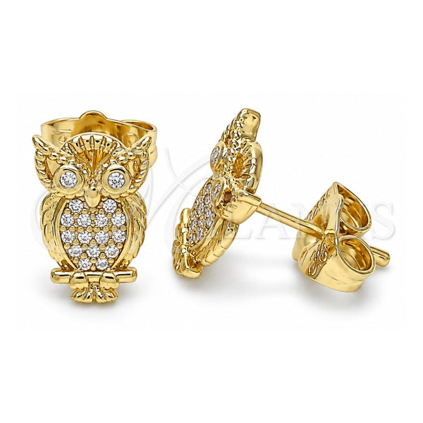 Oro Laminado Stud Earring, Gold Filled Style Owl Design, with White Micro Pave, Polished, Golden Finish, 02.156.0546