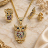 Oro Laminado Earring and Pendant Adult Set, Gold Filled Style Owl Design, with Multicolor Micro Pave, Polished, Golden Finish, 10.156.0340.1