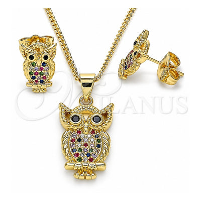 Oro Laminado Earring and Pendant Adult Set, Gold Filled Style Owl Design, with Multicolor Micro Pave, Polished, Golden Finish, 10.156.0340.1